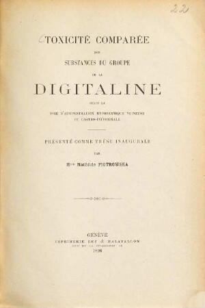 Toxicité comparée des substances du groupe de la digitaline selon la voie d'administration hypodermique veineuse ou gastro-intestinale