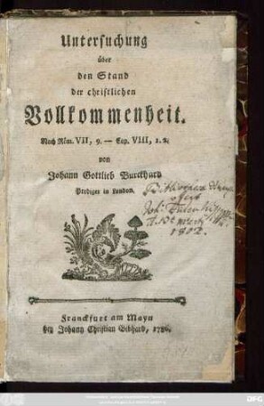 Untersuchung über den Stand der christlichen Vollkommenheit : Nach Röm. VII,9. - Cap. VIII, 1.2