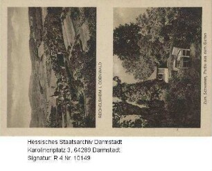 Reichelsheim im Odenwald, Gasthaus und Pension 'Zum Schwanen' (Inhaber J. Treusch) / Panorama von Reichelsheim und Partie aus dem Garten des Gasthauses