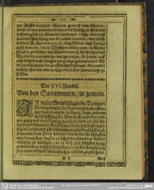 Der XVI. Artickel. Von den Sacramenten, in gemein