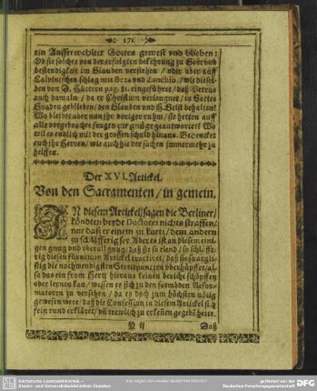 Der XVI. Artickel. Von den Sacramenten, in gemein