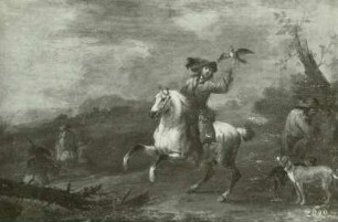 Ein Reiter auf weißem Pferde mit einem Jagdfalken