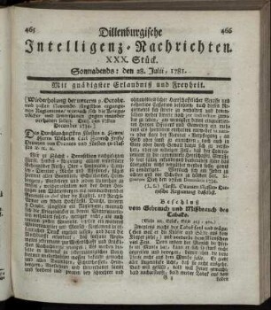 XXX. Stück. Sonnabends: den 28. Julii 1781.