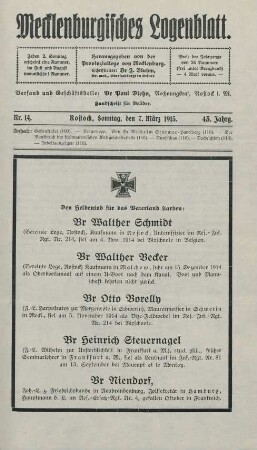 Nr. 14. Rostock, Sonntag, den 7. März 1915.