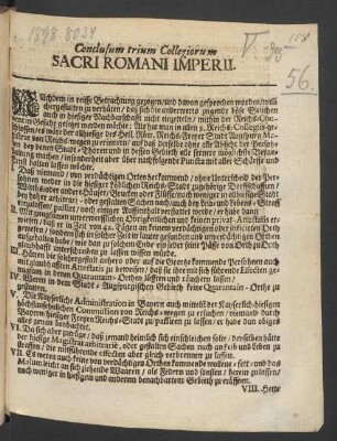 Conclusum trium Collegiorum Sacri Romani Imperii : [Signatum Augspurg den 31. Octobris 1713.]