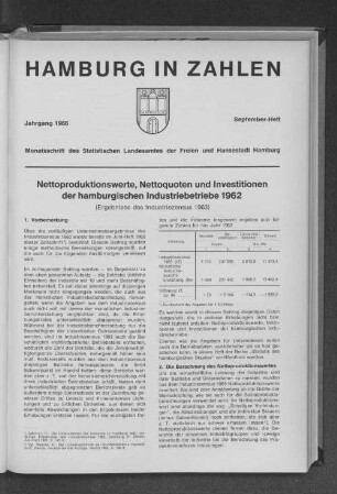 Nettoproduktionswerte, Nettoquoten und Investitionen der hamburgischen Industriebetriebe 1962 : Ergebnisse des Industriezensus 1963