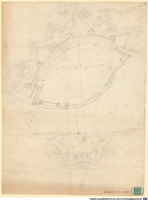 Entwürfe, Grundrisse (Ichnographie), stereometrische und szenographische Projektionen für eine Neubefestigung von Braunau am Inn/OÖ des 18. Jahrhunderts - BSB Cod.icon. 180 tl(10 : Entwurfszeichnung für die Neubefestigung von Braunau am Inn/OÖ Stadtbefestigung und Brückenkopf