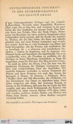 Zeitgenössische Inschrift in der Begräbniskapelle des Grafen Orgaz