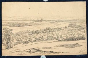 Blick von der Loschwitzer Höhe beim Weißen Hirsch (Gasthof, Kurbad) nach Südwesten auf Dresden und die umliegenden Gebiete, im Vordergrund das Dorf Loschwitz