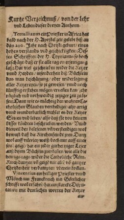 Kurtze Verzeichnuß/ von der Lehr und Leben dieser dreyen Authorn.