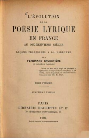 L' évolution de la poésie lyrique en France au dix-neuvième siècle : leçons professées à la Sorbonne, 1