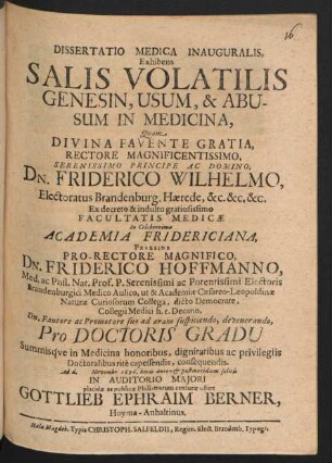 Dissertatio Medica Inauguralis, Exhibens Salis Volatilis Genesin, Usum, & Abusum In Medicina