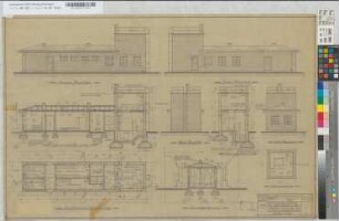 Aufenthaltsgebäude für Kohlenlader und Entschlacker, sowie eine Besandungsanlage auf Bahnhof Bielefeld: Ansichten, Grundrisse, Schnitte, M. 1:50