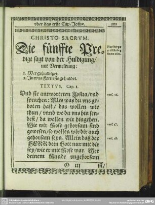 [Die fünffte Predigt, uber das erste Cap. Josuae]. Die fünffte Predigt sagt von der Huldigung, mit Vermeldung ...