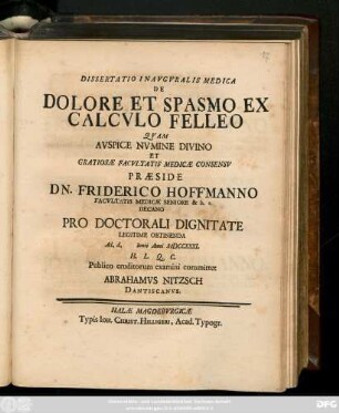 Dissertatio Inavgvralis Medica De Dolore Et Spasmo Ex Calcvlo Felleo