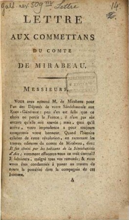 Lettre aux commettans du comte de Mirabeau
