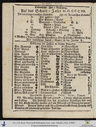 Ordentliche Zeit-Rechnung auf das Schalt-Jahr 1812.
