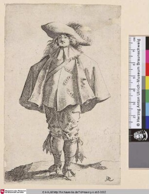 [Kavalier von vorn gesehen mit breitkrempigem Federnhut; Cavalier seen en face waering brimmed, plumed hat]