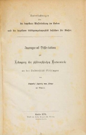 Untersuchungen über die kapillare Wasserleitung im Boden und die kapillare Sättigungskapazität desselben für Wasser