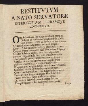 Restitvtvm A Nato Servatore Inter Coelvm Terramqve Commercivm.