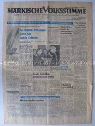 Regionale Tageszeitung der SED "Märkische Volksstimme" u.a. zur Ernte und zum Besuch sowjetischer Kosmunauten in der DDR