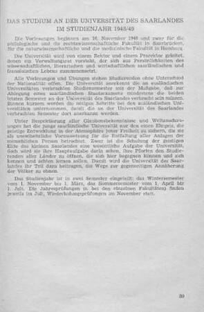 Das Studium an der Universität des Saarlandes im Studienjahr 1948/49