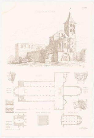 Stiftsruine, Bad Hersfeld: Perspektivische Ansicht, Grundriss, Details (aus: Altchristl. u. roman. Baukunst, hrsg. v. Zeichenaussch. d. Stud. d. TH Berlin, 1875)