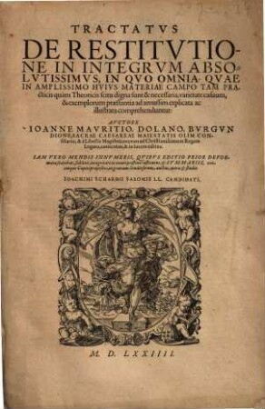Tractatvs De Restitvtione In Integrvm Absolvtissimus : In Qvo Omnia, Qvae In Amplissimo Hvivs Materiae Campo ... scitu digna sunt ... comprehenduntur