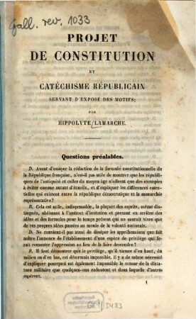 Projet de constitution et catéchisme républicain servant d'exposé des motifs : [Umschlagt.]