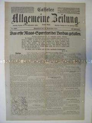 Regionale Tageszeitung "Casseler Allgemeine Zeitung" mit Meldungen und Berichten zum Kriegsgeschehen in Verdun