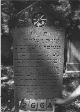 Grabstein 266 (Index: 99609902) Material: Sandstein Zustand: leicht verwittert Maße HxBxT: 153x57x53 cm Beschreibung: Stele, überkragender Giebelabschluß, im Giebel Stern, Sockel Symbolik: Stern: Grabstein 266A