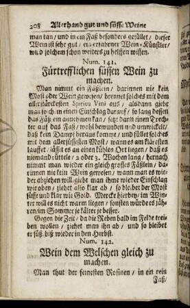 Num. 141. Fuertrefflichen suessen Wein zu machen - Num. 230. Geringen Wein starck zu machen