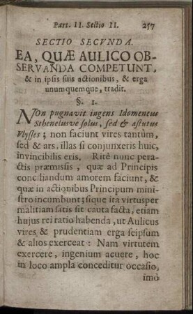 Sectio Secunda. Ea, Quæ Aulico Observanda Competunt, & in ipsis suis actionibus, & erga unumquemque, tradit.