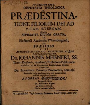 Diss. theol. de praedestinatione filiorum Dei ad vitam aeternam