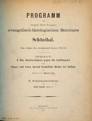 Programm des Königlich Württembergischen Evangelisch-Theologischen Seminars in Schöntal : zum Schluss des zweijährigen Kurses ... 1882/84