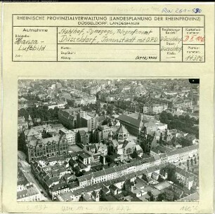 Düsseldorf-Stadtmitte, Blick auf die Kasernenstraße mit Synagoge, Stahlhof, Schauspielhaus, Telegrafenamt und Oberpostdirektion