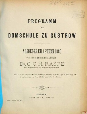 Programm der Domschule zu Güstrow : ausgegeben Ostern ... 1879/80