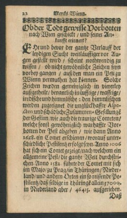Ob der Todt gewisse Vorbotten nach Wien geschickt/ und seiner Ankunfft erinnert.