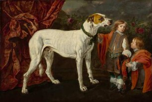 Hund, kleinwüchsiger Mann und Junge