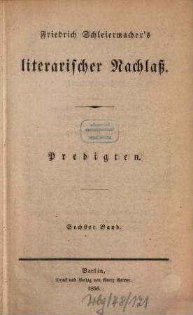 Friedrich Schleiermacher's Literarischer Nachlaß. Predigten. 6, Predigten über die Apostelgeschichte