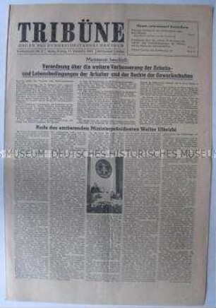 Tageszeitung des FDGB "Tribüne" zur Sitzung des Ministerrates der DDR mit Auszügen aus der Rede von Walter Ulbricht