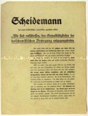 Flugblatt mit einem Interview-Zitat von Philipp Scheidemann gegen den Bolschewismus