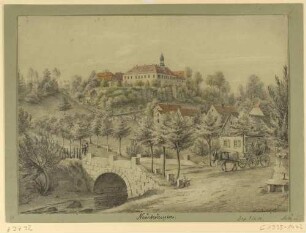 Das Rittergut in Neustruppen in der Sächsischen Schweiz vom Struppenbach mit Brücke im Nordosten, Vorzeichnung Blatt im Album der Rittergüter, Bd. 2