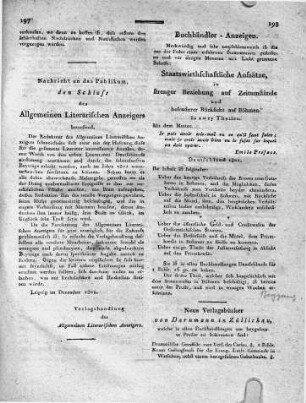 Nachricht an das Publikum, den Schluss des Allgemeinen Literarischen Anzeigers betreffend.