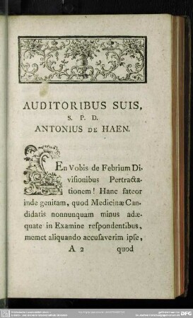 Auditoribus Suis, S. P. D. Antonius De Haen