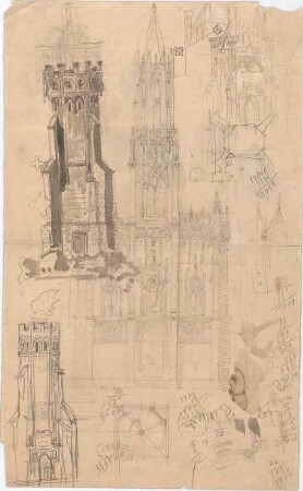 Voit, August von; Kirche; Befestigungsturm - Teilgrundriss, Ansichten