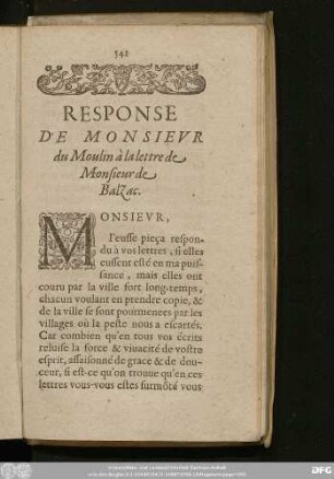 Response De Monsieur du Moulin à la lettre de Monsieur de Balzac.