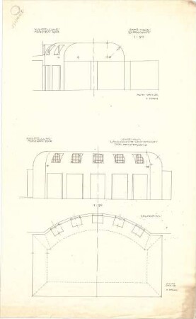 Pfann, Paul; München - Theresienhöhe; Ausstellung München 1908 - Cafehaus mit Fensterwand (Grundriss,Längsschnitt m. Ansicht); Cafehaus (Querschnitt)