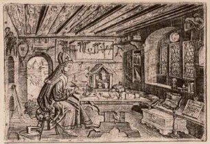 Der heilige Eligius in der Werkstatt : Saldörffer, Conrad (tätig um 1563/83): Der heilige Eligius Schutzpatron der Goldschmiede in einer Goldschmiedewerkstatt. Dresden: Kupferstich-Kabinett