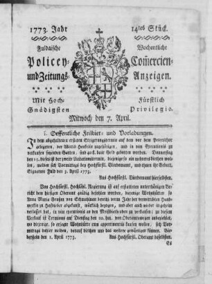 14 tes Stück, Ausgabe vom 7. April 1773